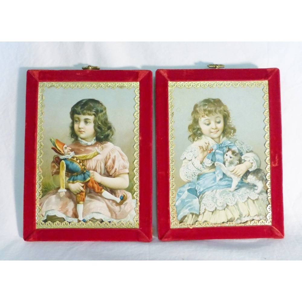Vtg plaque wall home decor nostalgia 1880 print girls french Victorian set of 2‎